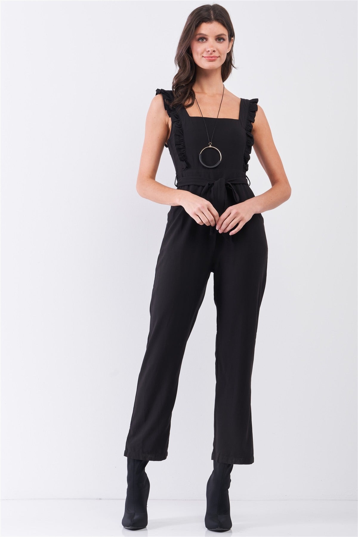 Black Sleeveless Ruffle Hem Self-tie Belt Detail Straight Leg Jumpsuit