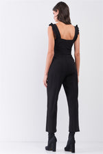 Load image into Gallery viewer, Black Sleeveless Ruffle Hem Self-tie Belt Detail Straight Leg Jumpsuit
