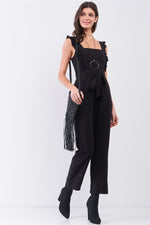 Load image into Gallery viewer, Black Sleeveless Ruffle Hem Self-tie Belt Detail Straight Leg Jumpsuit
