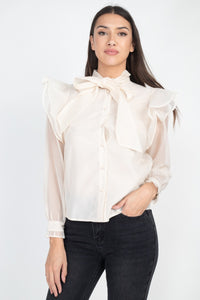 Neck Bow Tie Ruffle Blouse