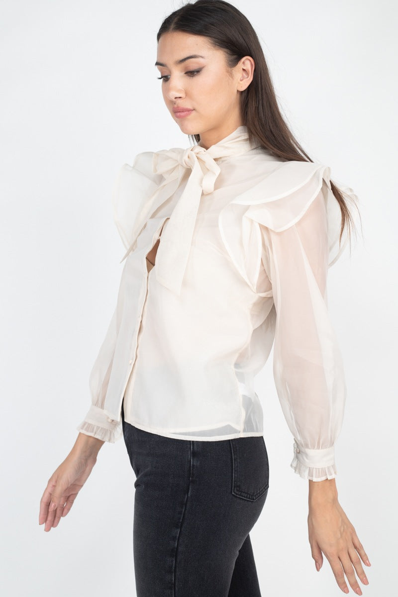 Neck Bow Tie Ruffle Blouse