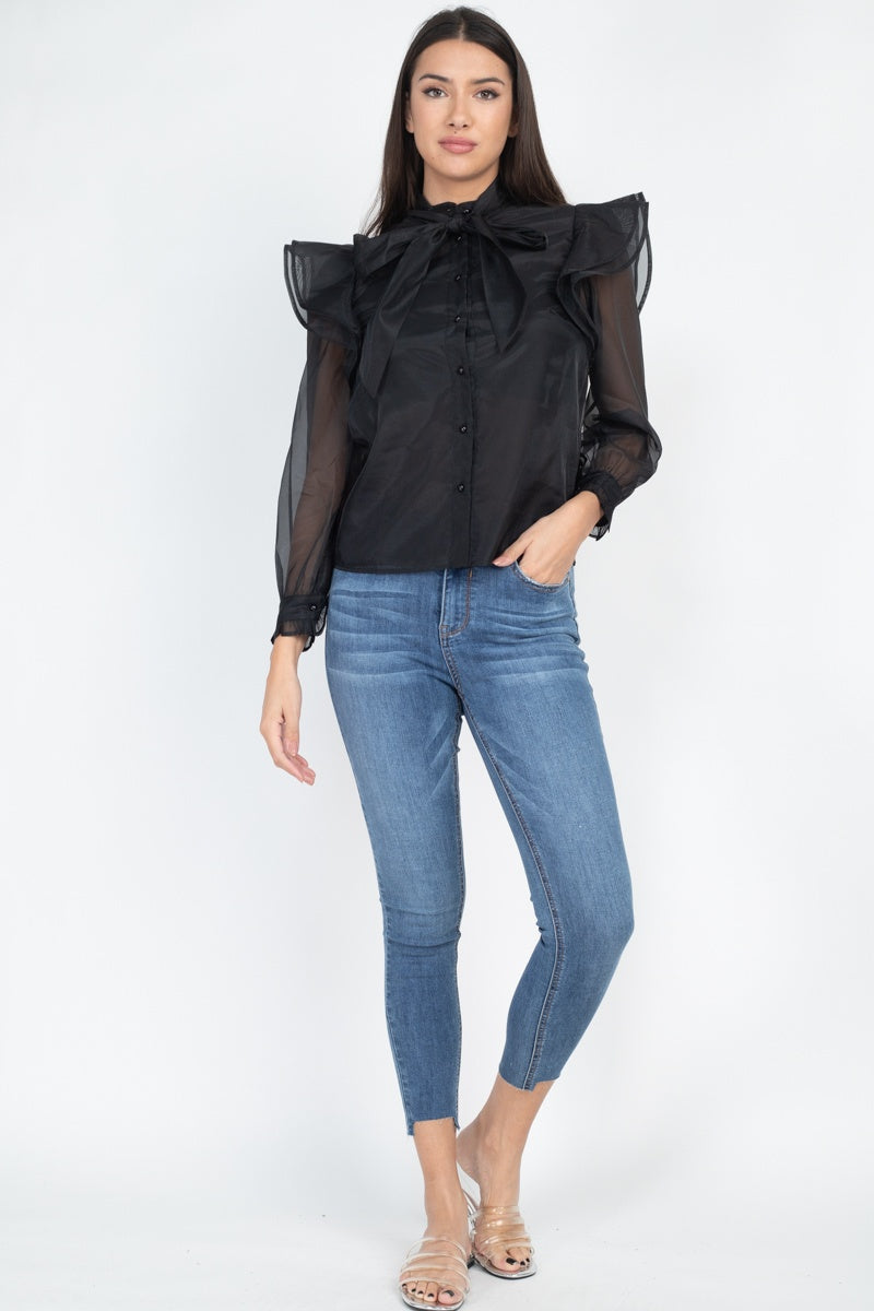 Neck Bow Tie Ruffle Blouse