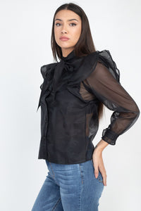 Neck Bow Tie Ruffle Blouse