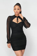 Load image into Gallery viewer, Ruched Cut-out Sheer Long Sleeve Mini Dress
