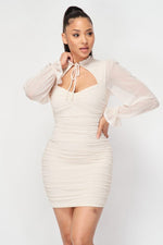 Load image into Gallery viewer, Ruched Cut-out Sheer Long Sleeve Mini Dress
