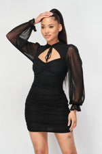 Load image into Gallery viewer, Ruched Cut-out Sheer Long Sleeve Mini Dress
