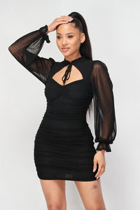 Ruched Cut-out Sheer Long Sleeve Mini Dress