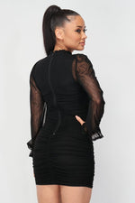 Load image into Gallery viewer, Ruched Cut-out Sheer Long Sleeve Mini Dress
