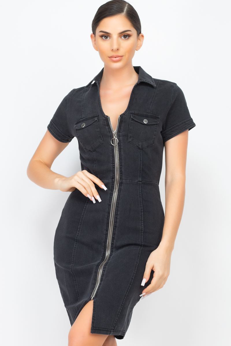 Zip Front Denim Mini Dress