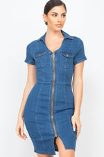 Load image into Gallery viewer, Zip Front Denim Mini Dress
