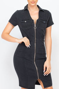 Zip Front Denim Mini Dress