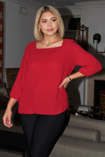 Load image into Gallery viewer, Plus Red Square Neck 3/4 Puff Sleeve With Elasticated Hem Loose Fit Top
