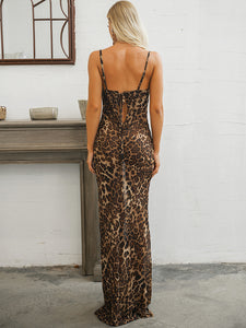 Leopard Print Spaghetti Strap Tie Back Dress