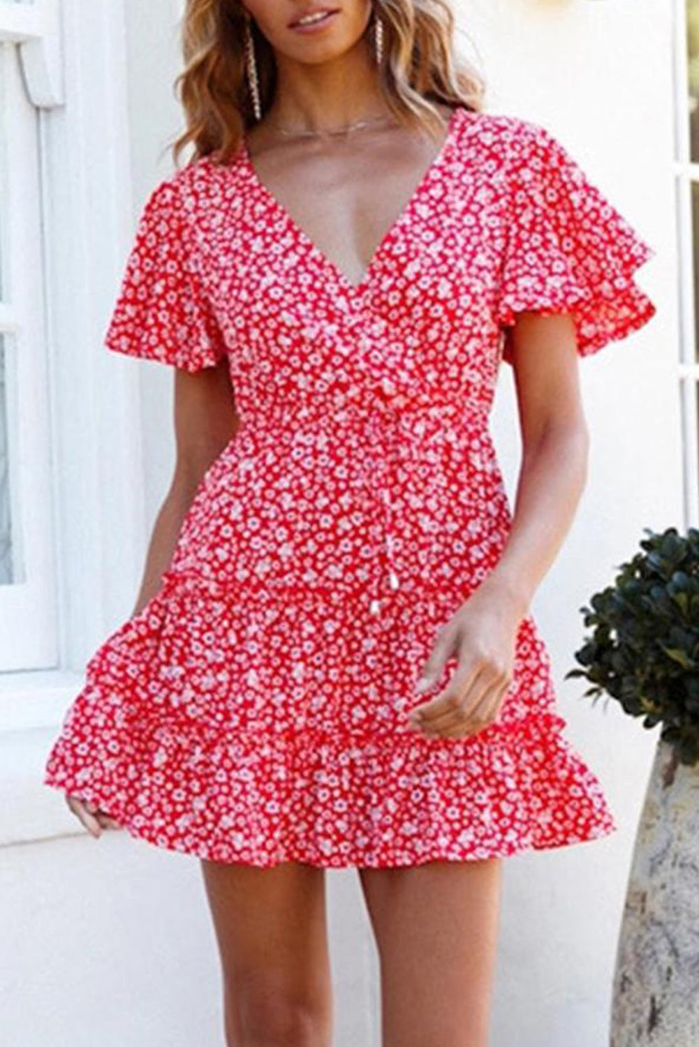 Floral V-Neck Layered Ruffled Dress