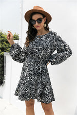 Load image into Gallery viewer, Leopard Wrap Ruffle Hem Dress
