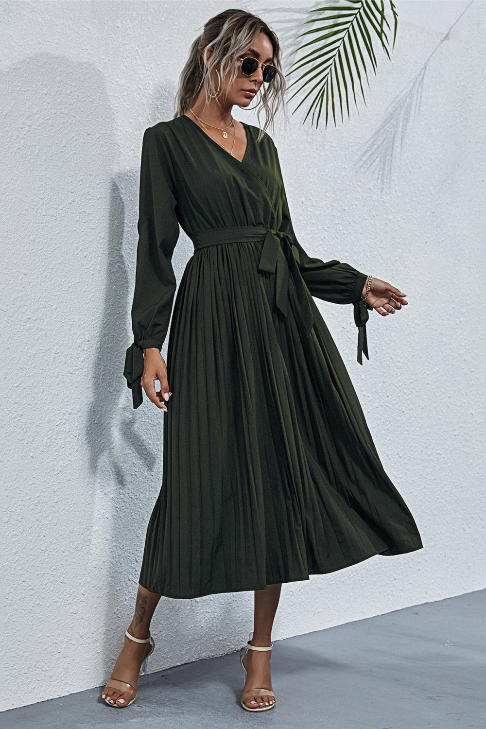 Split Sleeve Belt Pleated Dress