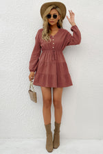 Load image into Gallery viewer, Decorative Button Tie Front Tiered Mini Dress
