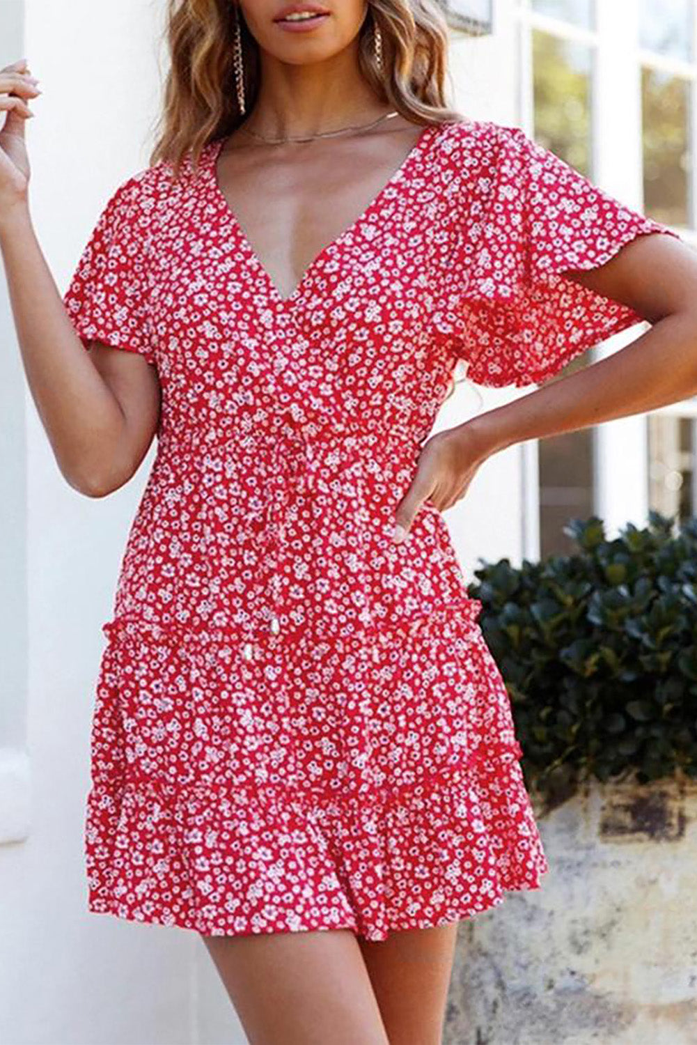 Floral V-Neck Layered Ruffled Dress