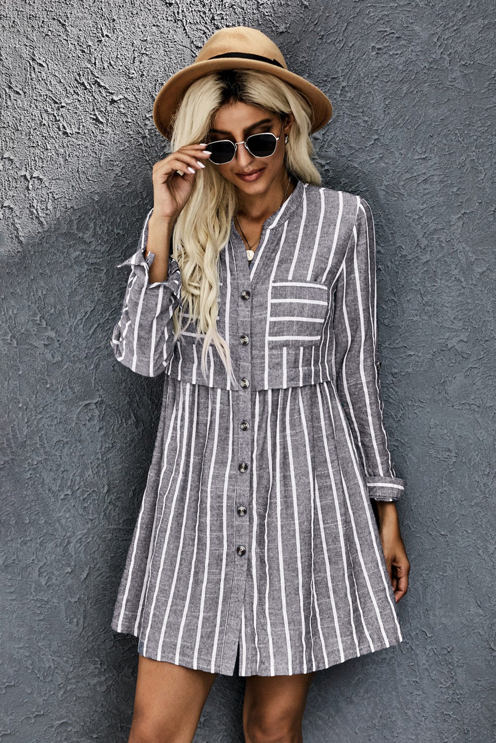 Contrast Striped Buttoned Shirt Dress