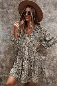 Leopard Print V Neck Tiered Pleated Dress