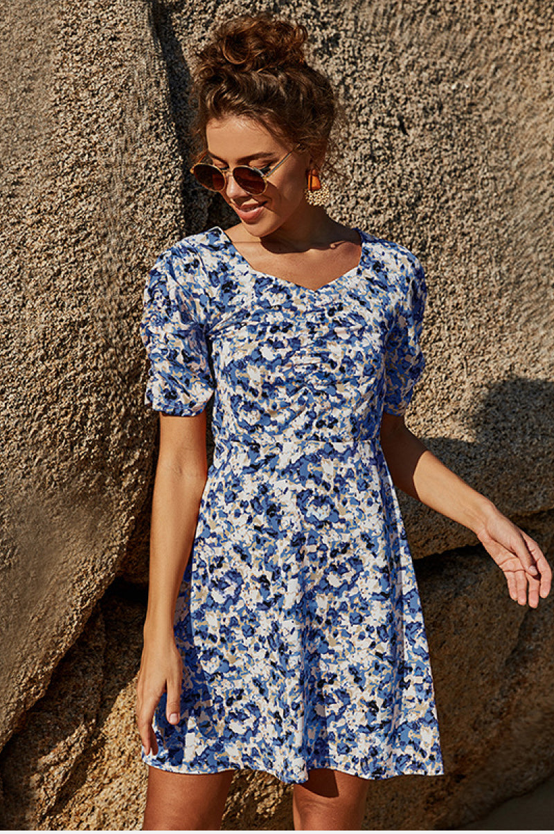 Floral V Neck Short Sleeve Dress