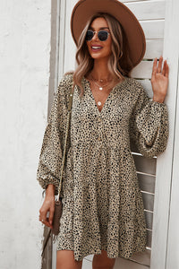 Leopard Print V Neck Tiered Pleated Dress