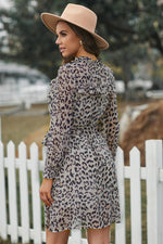 Load image into Gallery viewer, Leopard Ruffled Zipper Lantern Sleeve Dress
