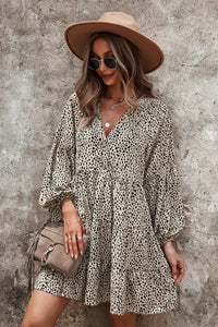 Leopard Print V Neck Tiered Pleated Dress